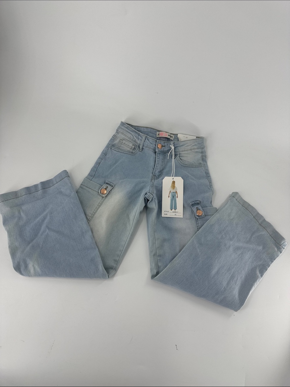 DENIM DIVA Girls Wide Leg Light Blue Cargo Style Denim Jeans Size 10 NWT
